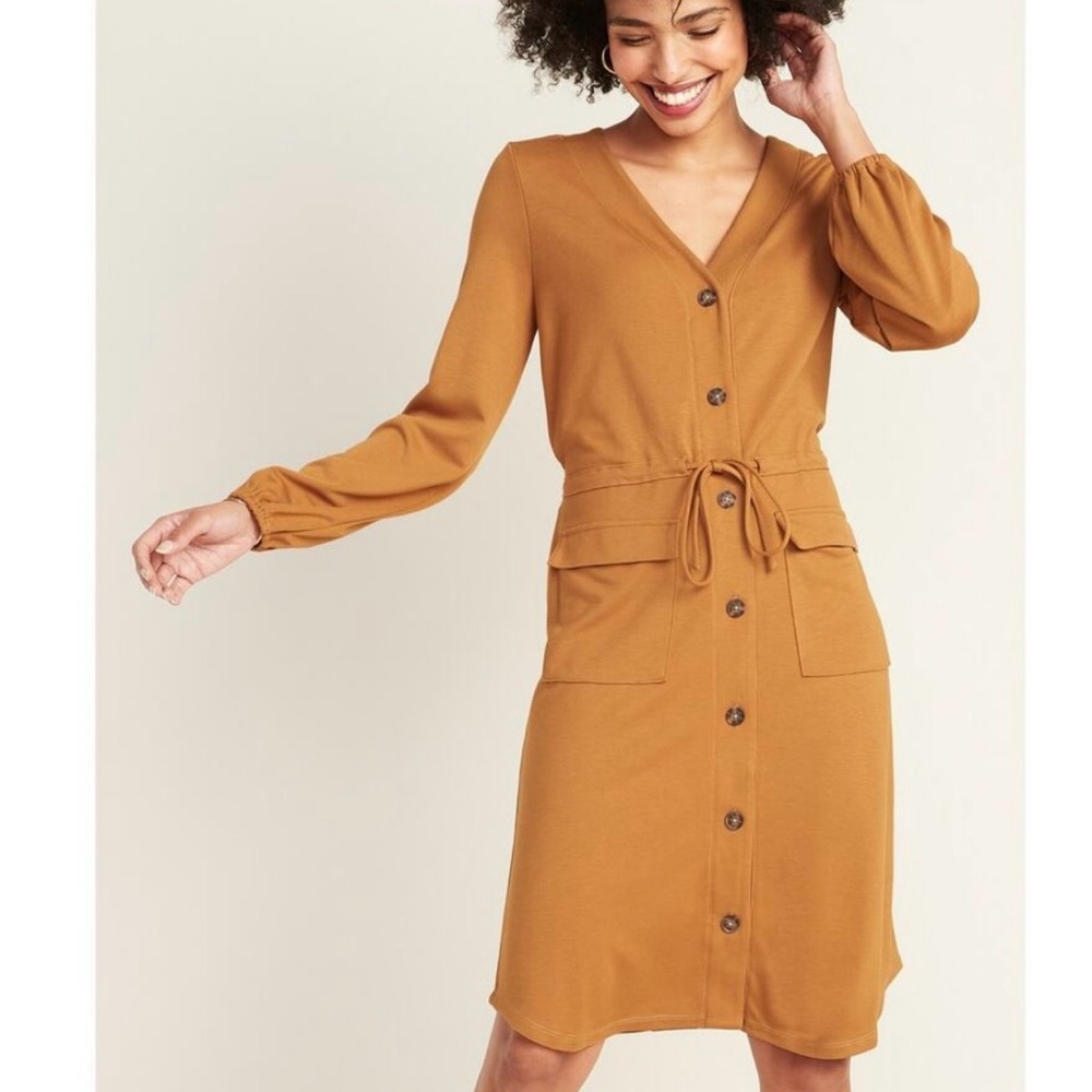 Old Navy Women's  Ponte Knit Utility Dress V Neck Long Sleeve Small S Goldie